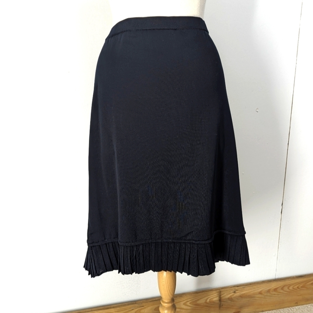 Ming Wang Black Knit Midi Skirt with Pleated Trim Petite XL Elastic Waist